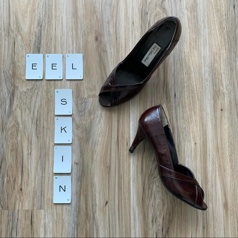VINTAGE Eel Skin Peep Toe Heels Pumps Dark Brown - Size 8